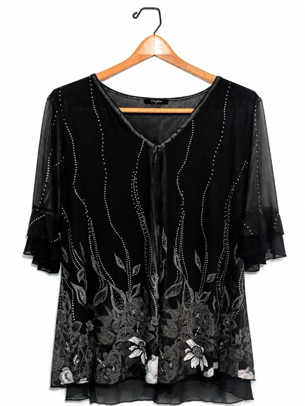 Valolia Women's Black Sheer Floral Blouse XL Ruffle Sleeve Layered Hem Dressy To
